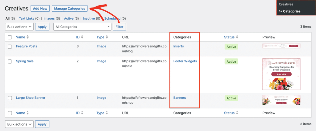 creatives list focusing on categories and button to manage categories