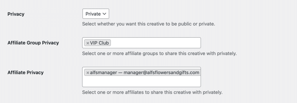 creative privacy options showing groups and affiliates they can be assigned to