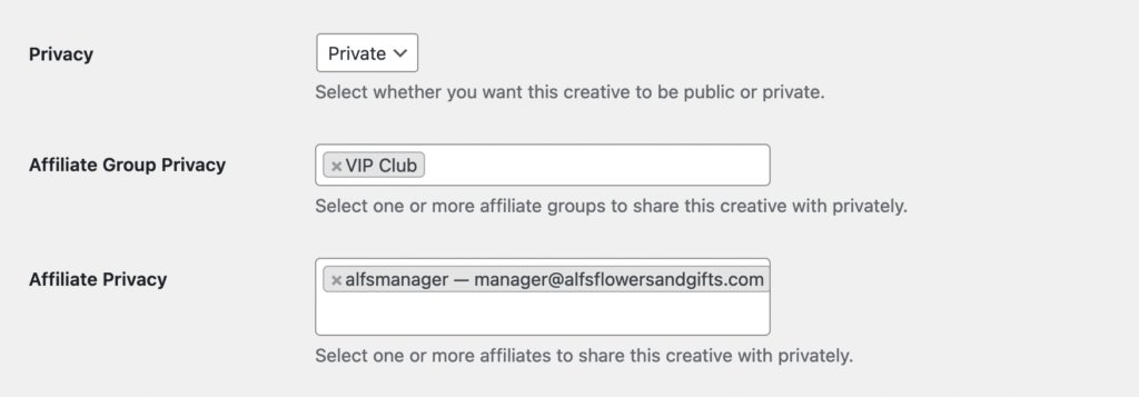 creative privacy options showing groups and affiliates they can be assigned to