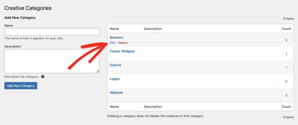 creative category list showing how to edit a category