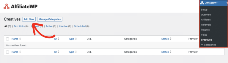 manage your creatives or add new in AffiliateWP