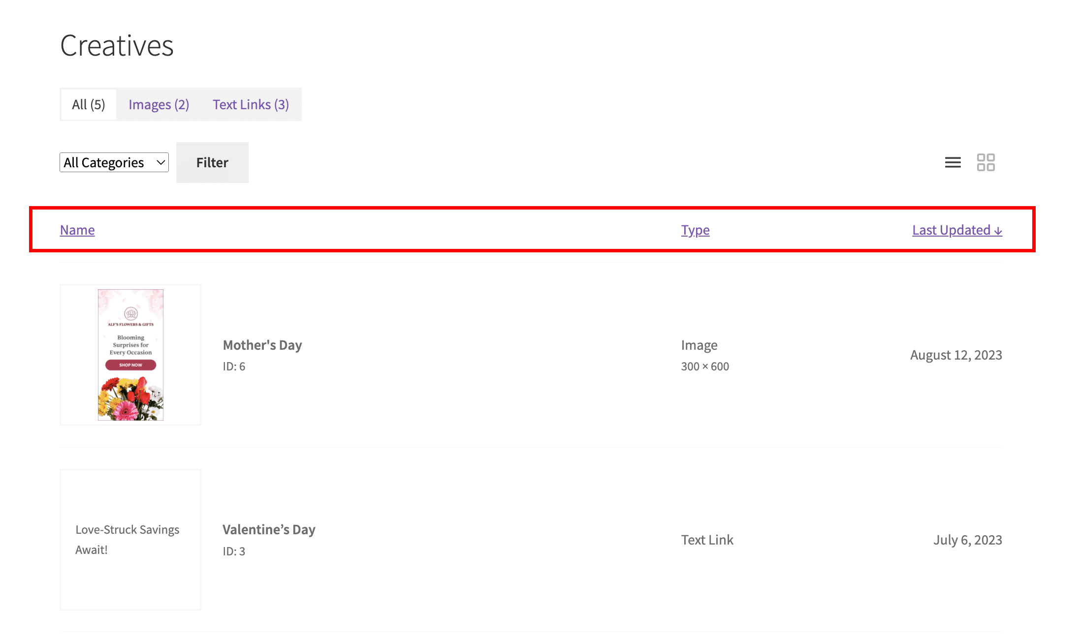 Sortable columns for Name, Type, and Last Updated