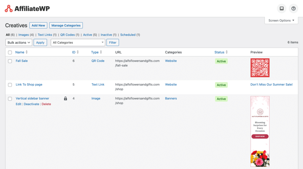 AffiliateWP creatives list