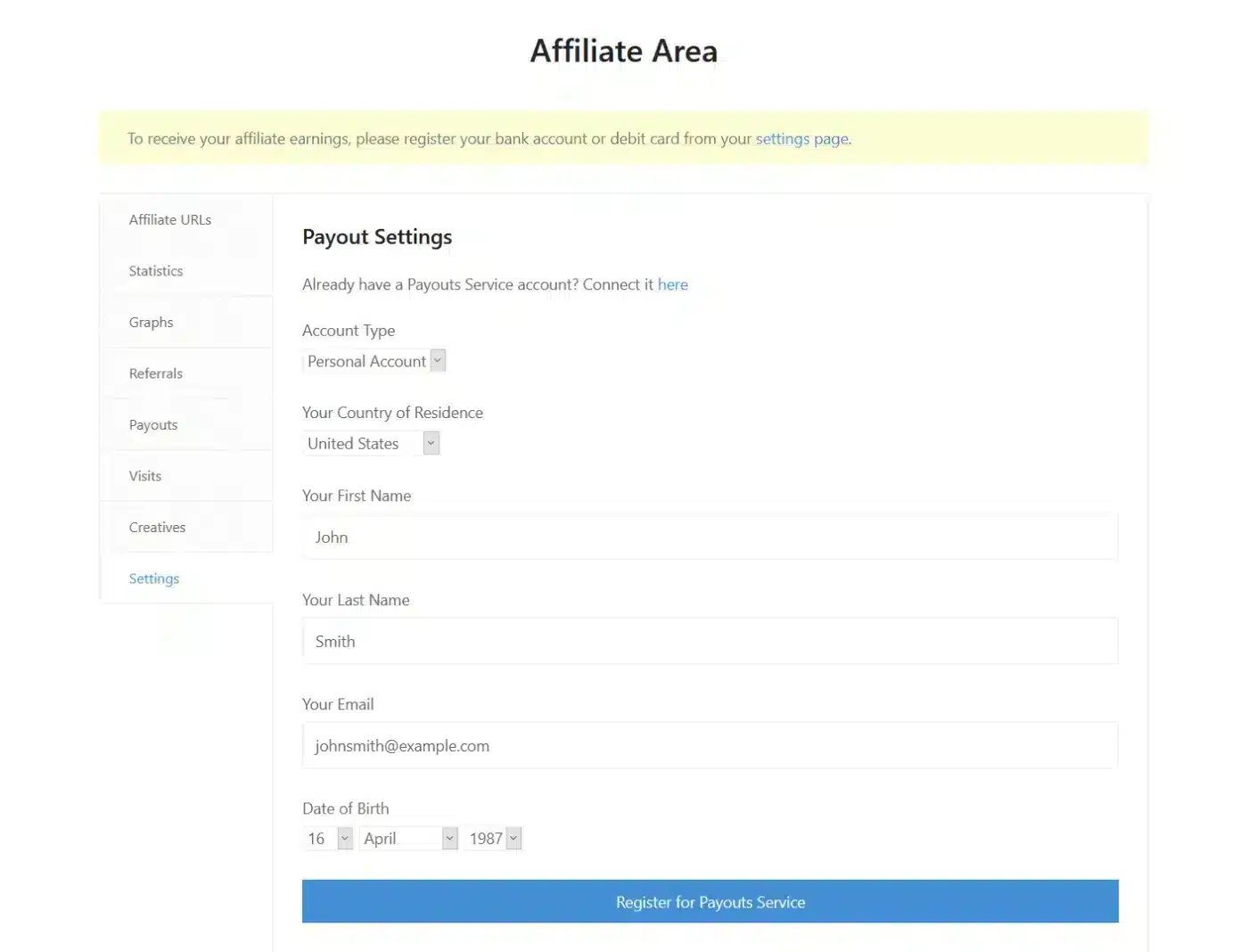 Affiliates register their payment details