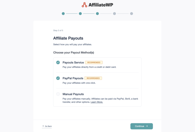 Affiliates payouts setting in setup wizard