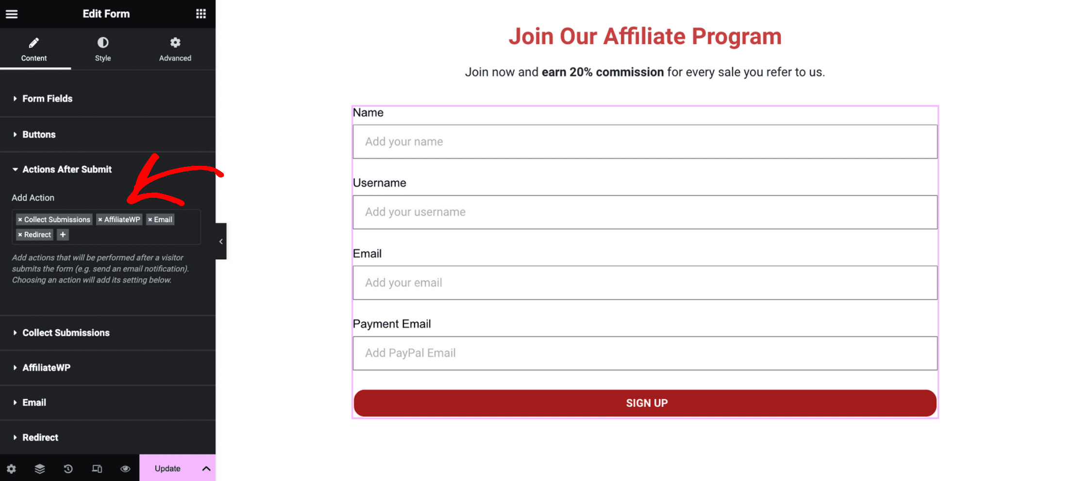 Adding the AffiliateWP action to the Actions After Submit section