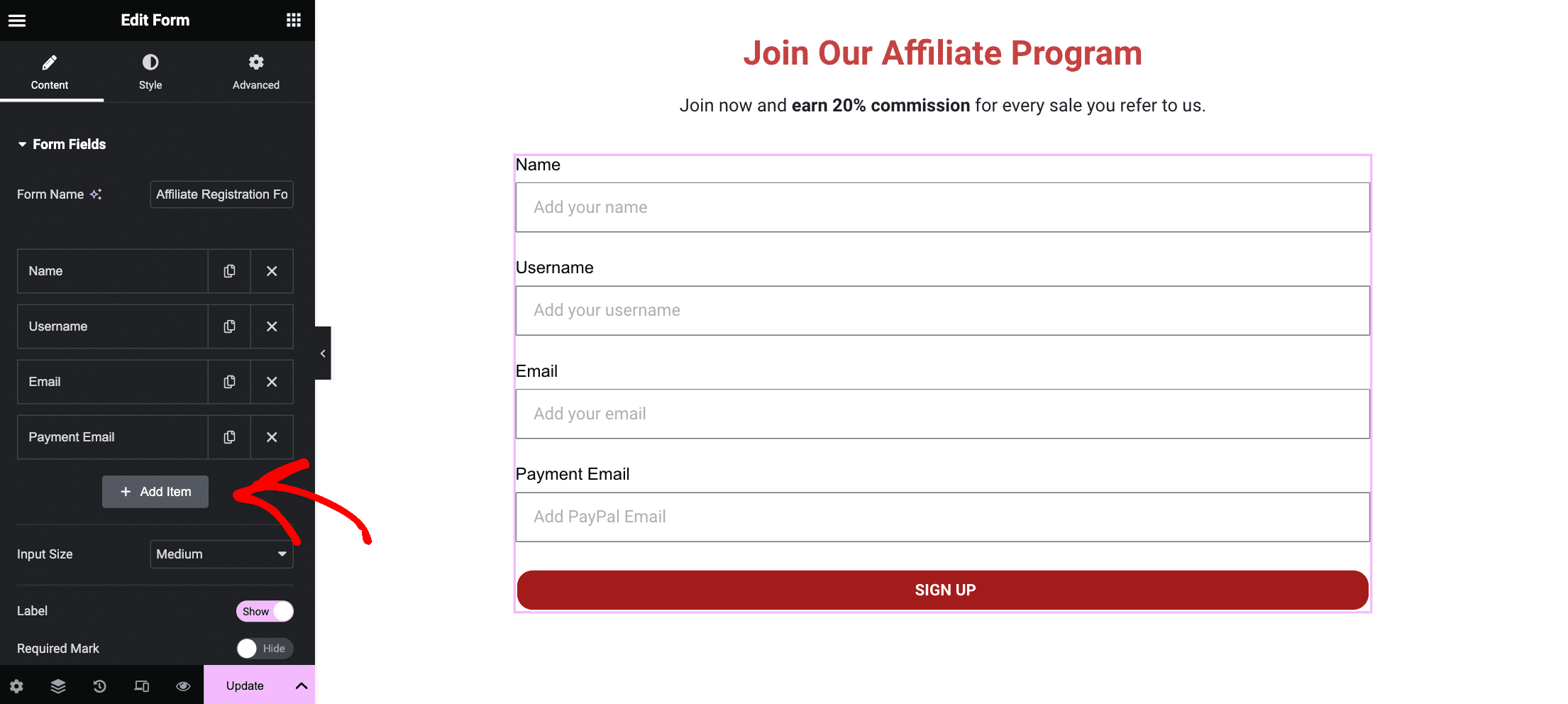 Adding fields to the affiliate registration form