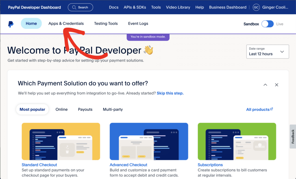 PayPal Developer page noting the Apps & Credentials menu to select