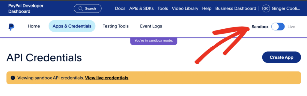 PayPal Developer page noting the Sandbox to Live toggle