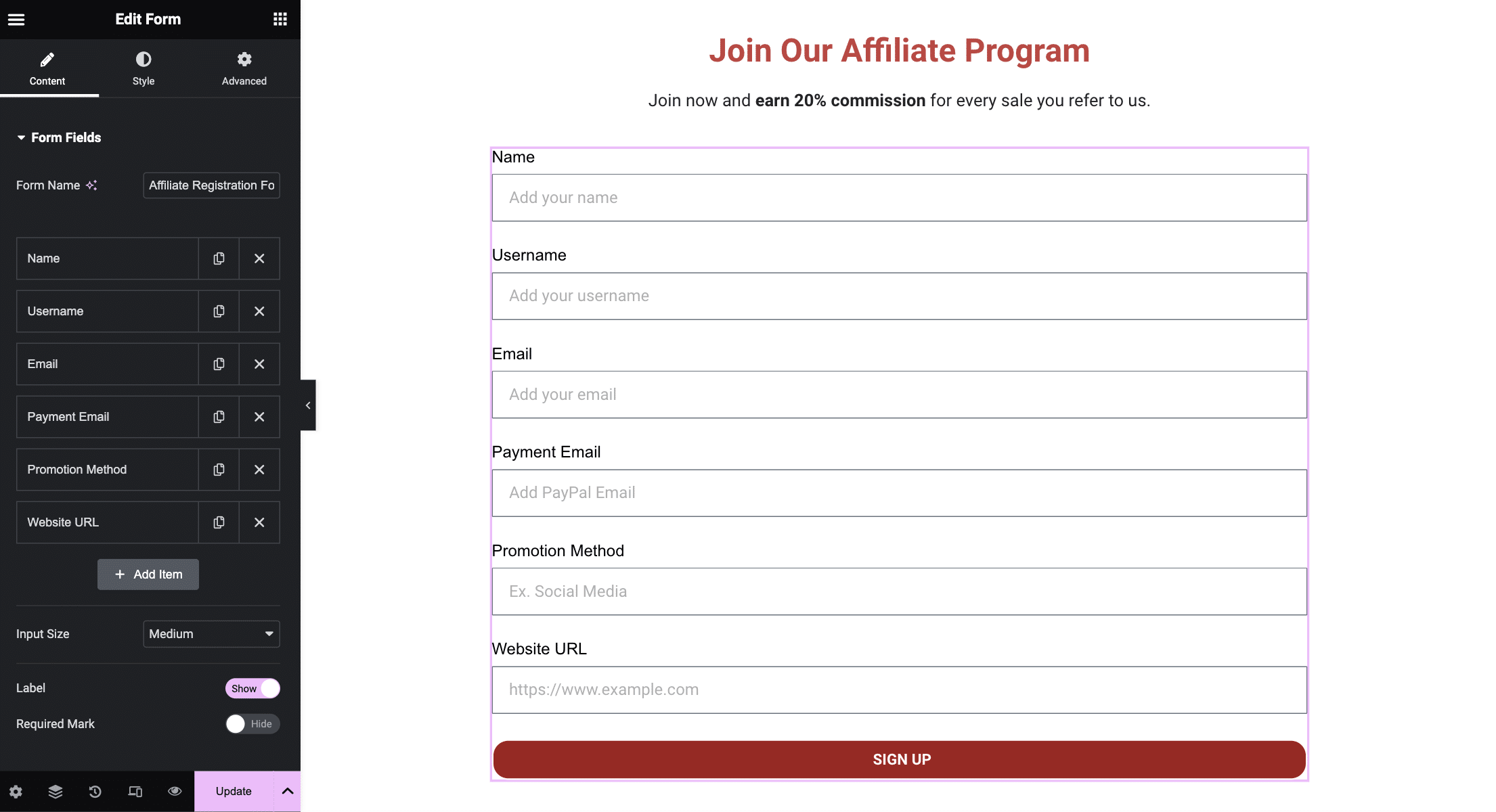 affiliate registration form created in Elementor