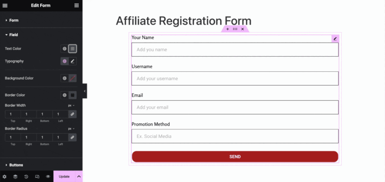 Affiliate registration form using Elementor