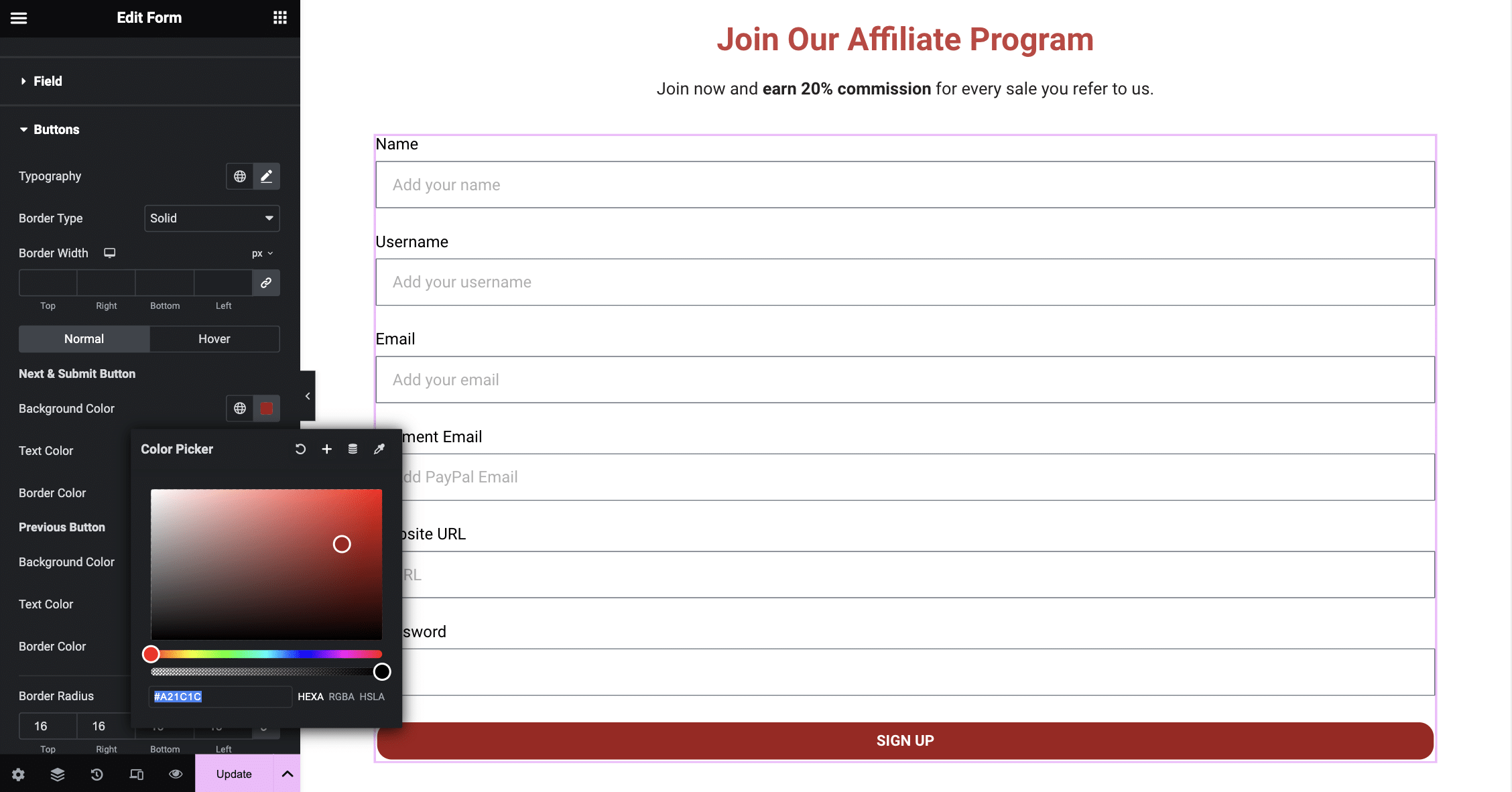 Customizing affiliate registration form