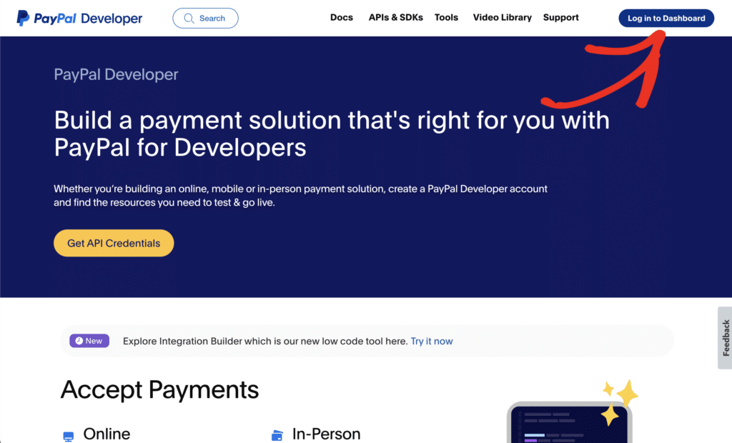 PayPal Developer introduction page where you log in