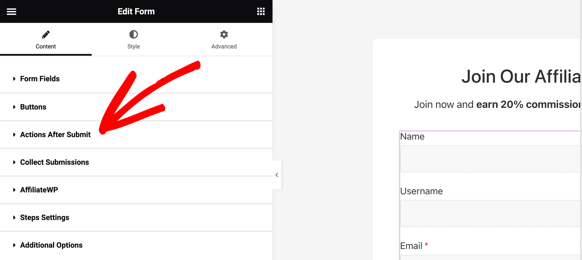The Form widget's Actions After Submit section