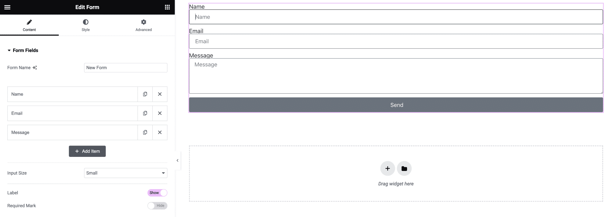 A basic form after inserting the Form widget