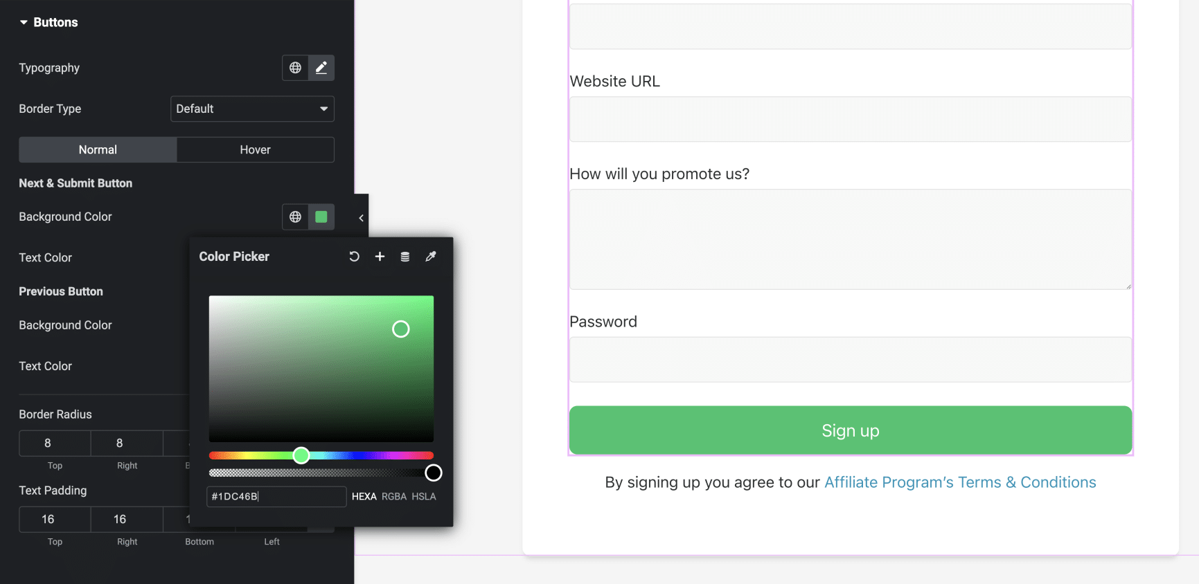Adjusting the color of the sign up button