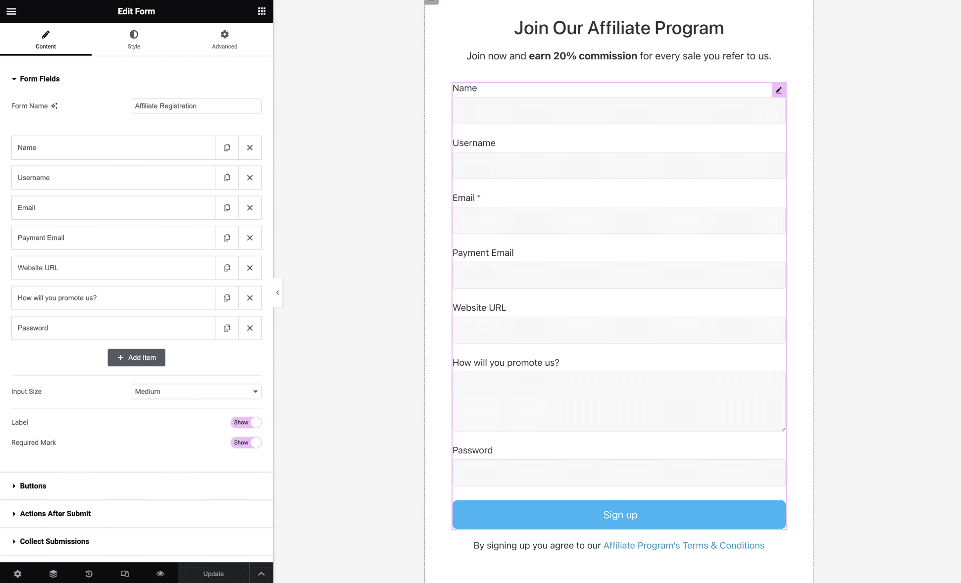 Editing an Elementor Form widget to create an affiliate registration form