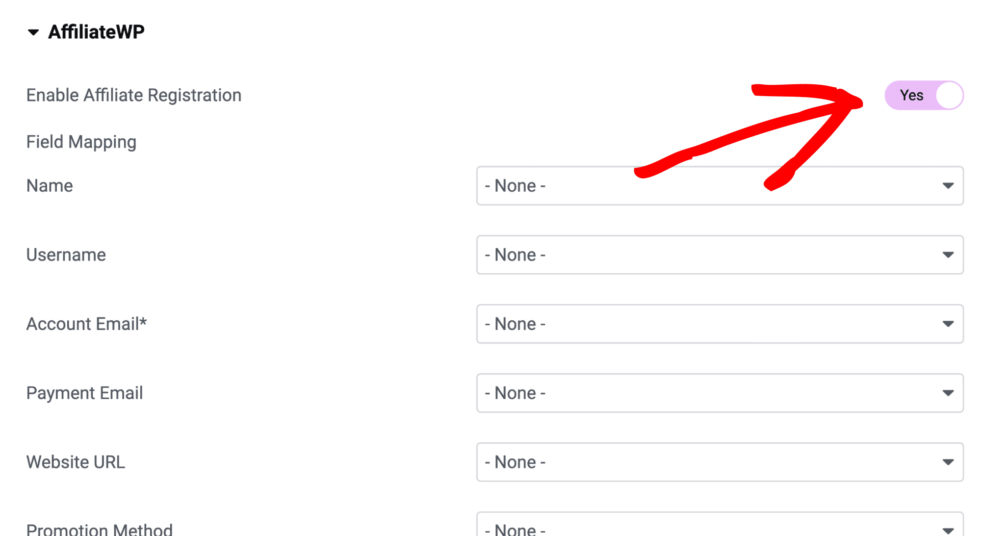 Enabling the Affiliate Registration toggle switch