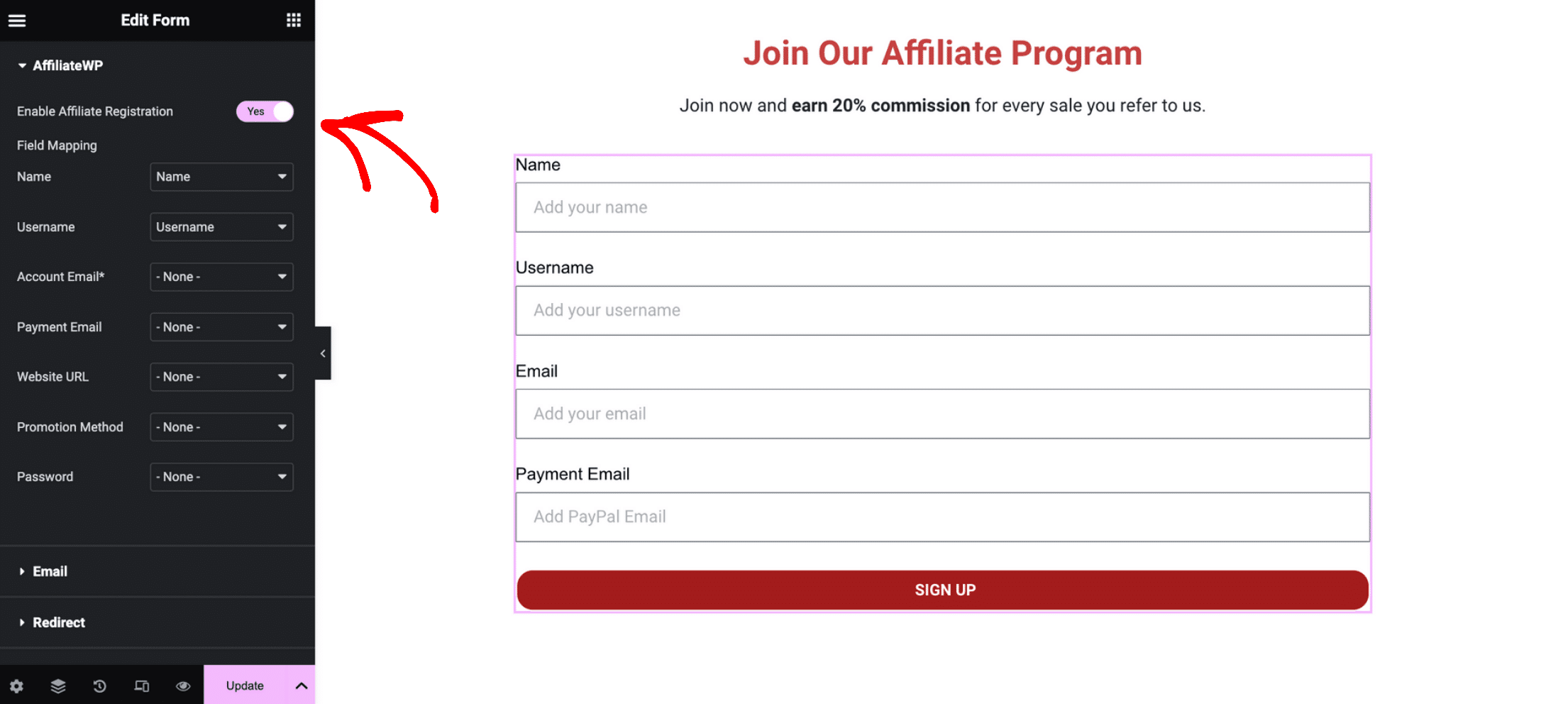 The Enable Affiliate Registration toggle switch
