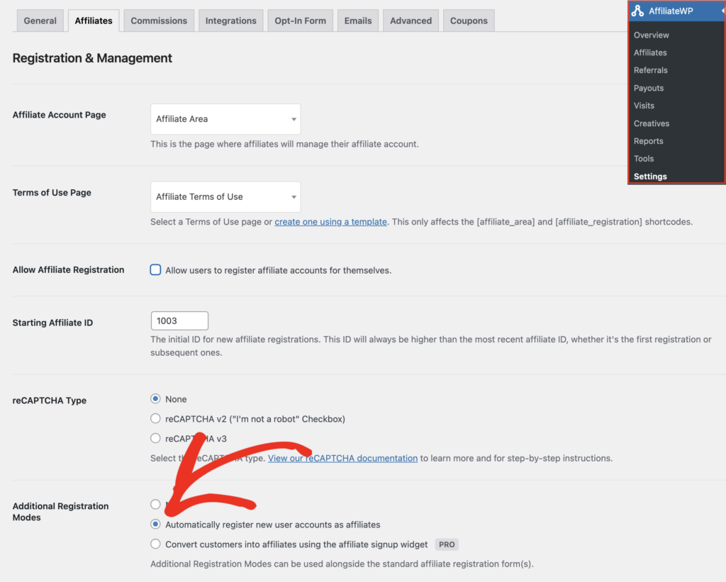 The Automatically register new accounts as affiliates option from AffiliateWP's Settings admin page