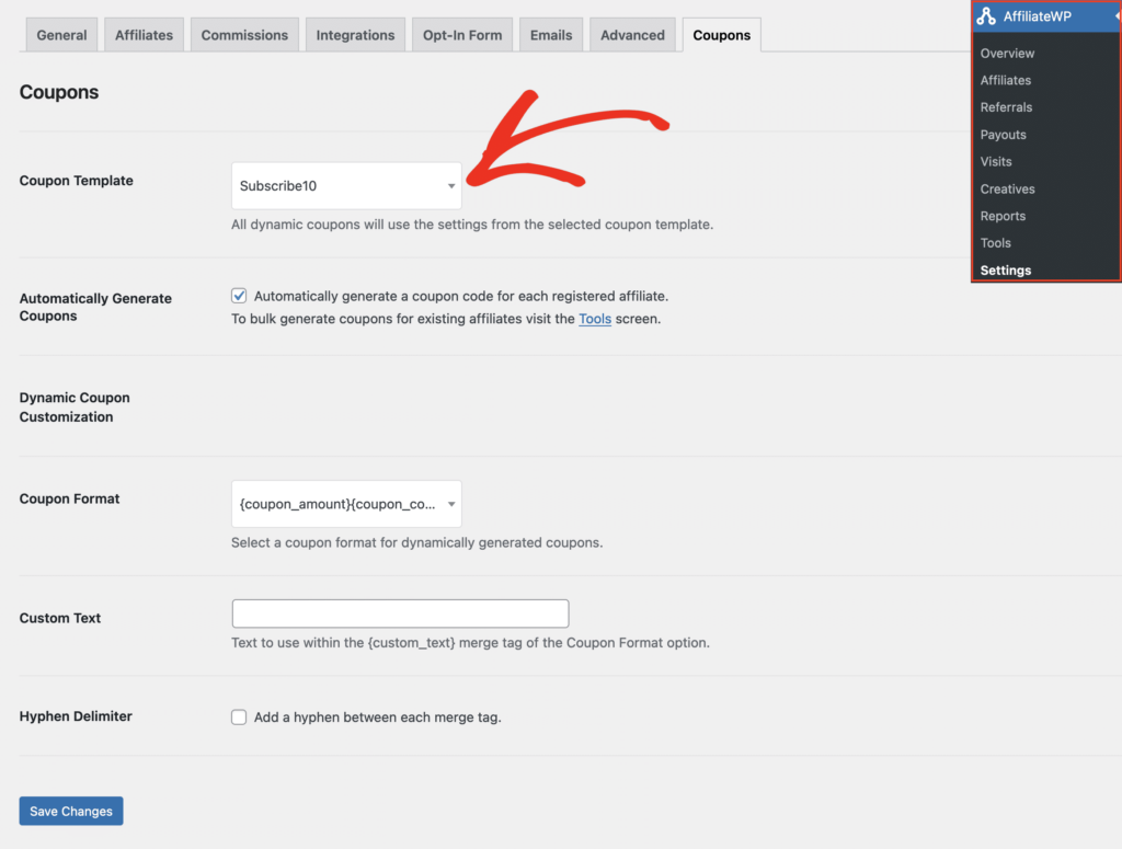 AffiliateWP - Settings - Coupons screen in the admin