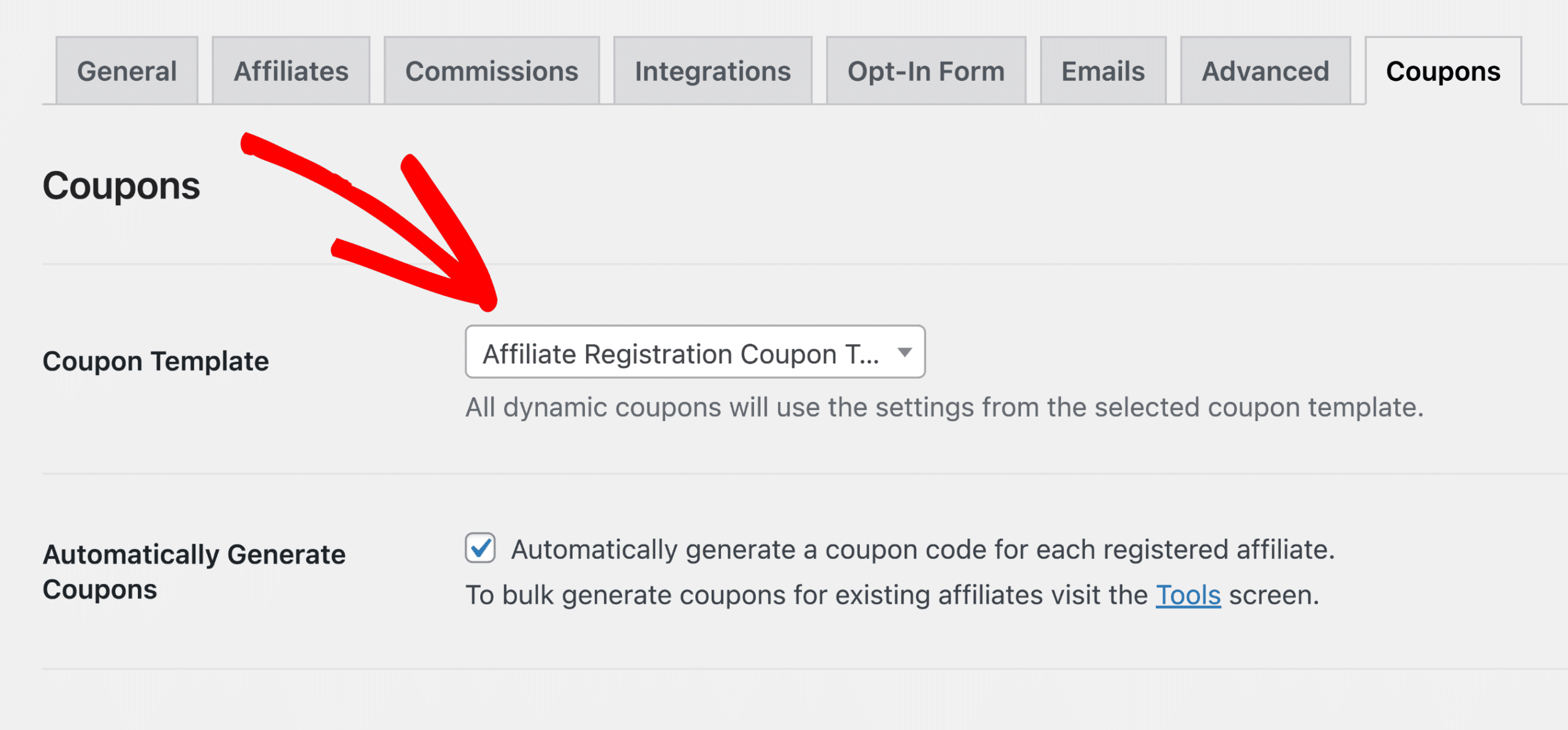 The Coupon Template setting within the Coupons tab