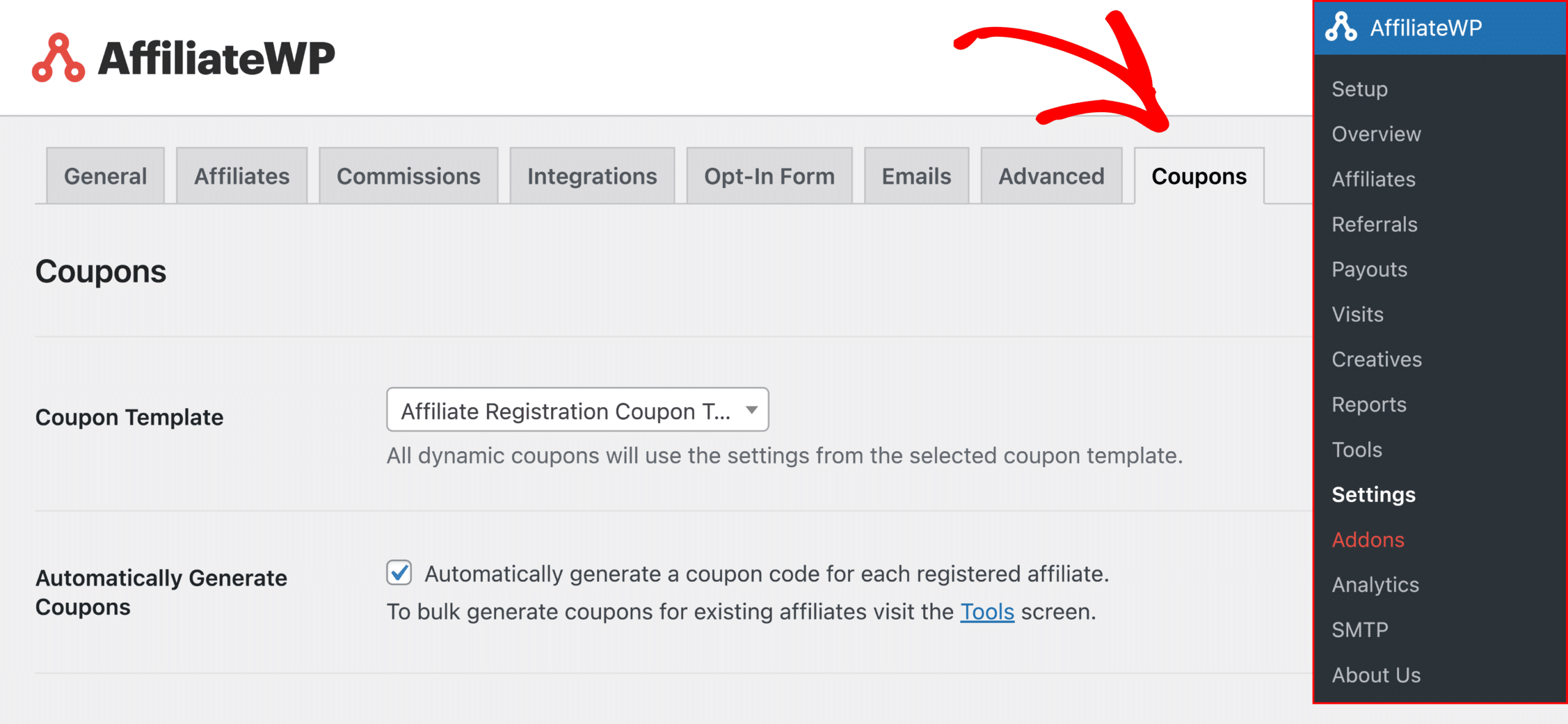 The Coupons tab in AffiliateWP's settings