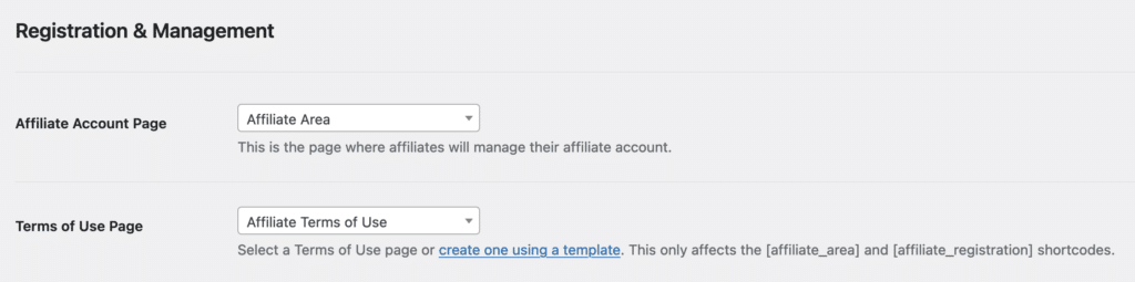 Affiliates settings page to show Terms of Use Page selection