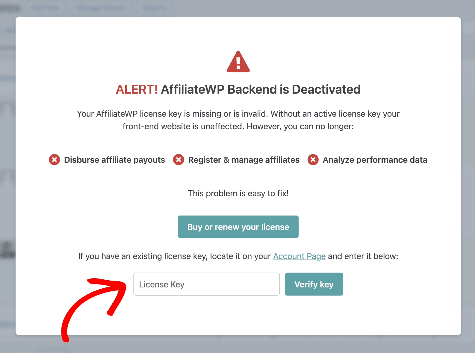 AffiliateWP Backend is Deactivated modal