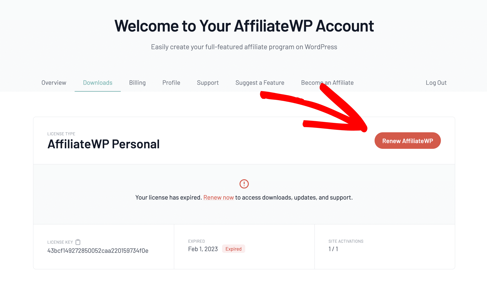 The AffiliateWP account page showing an expired license
