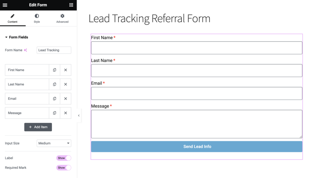 Editing an Elementor Form widget to create a referral tracking form