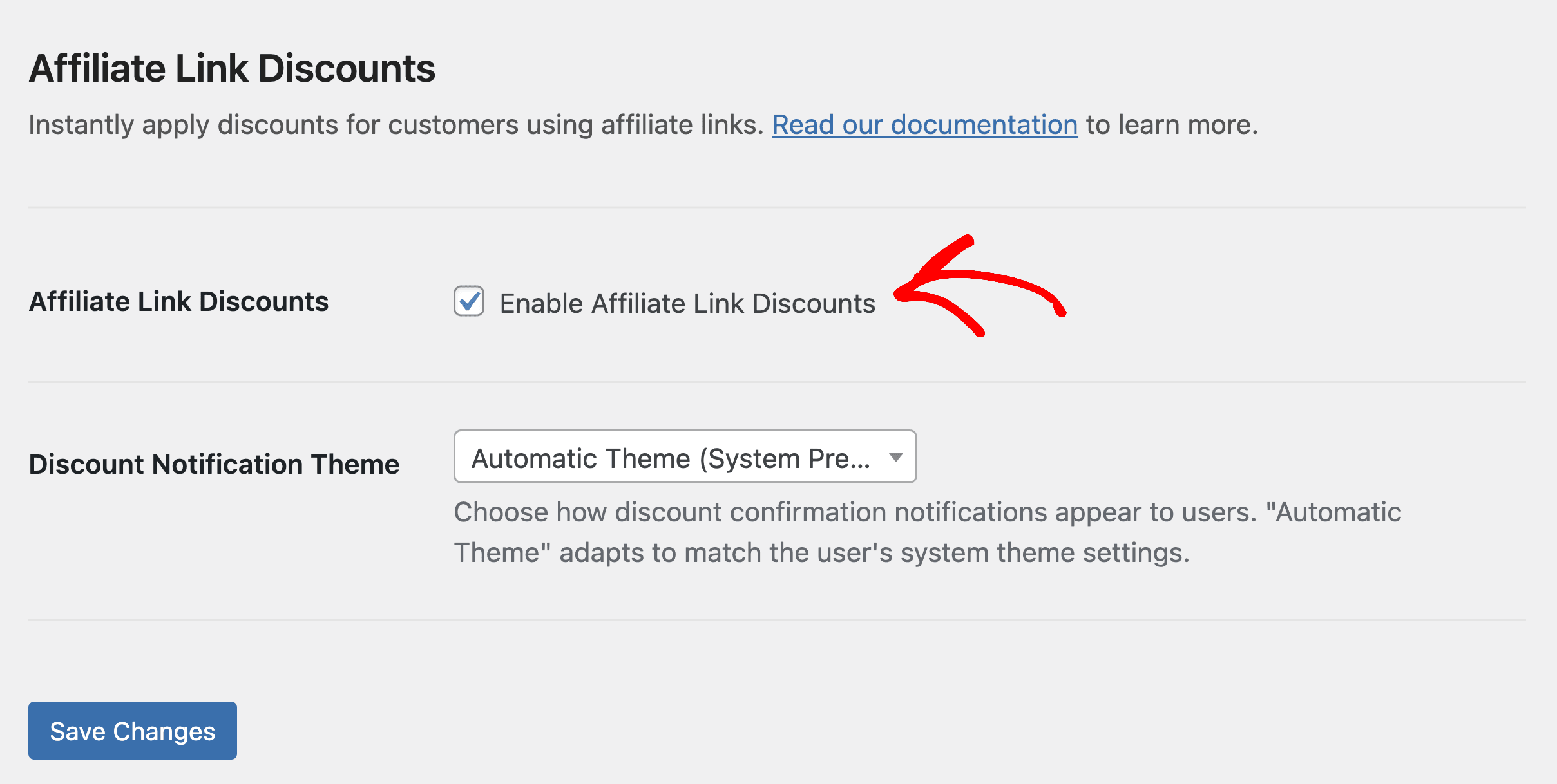 Check the Enable Affiliate Link Discounts box
