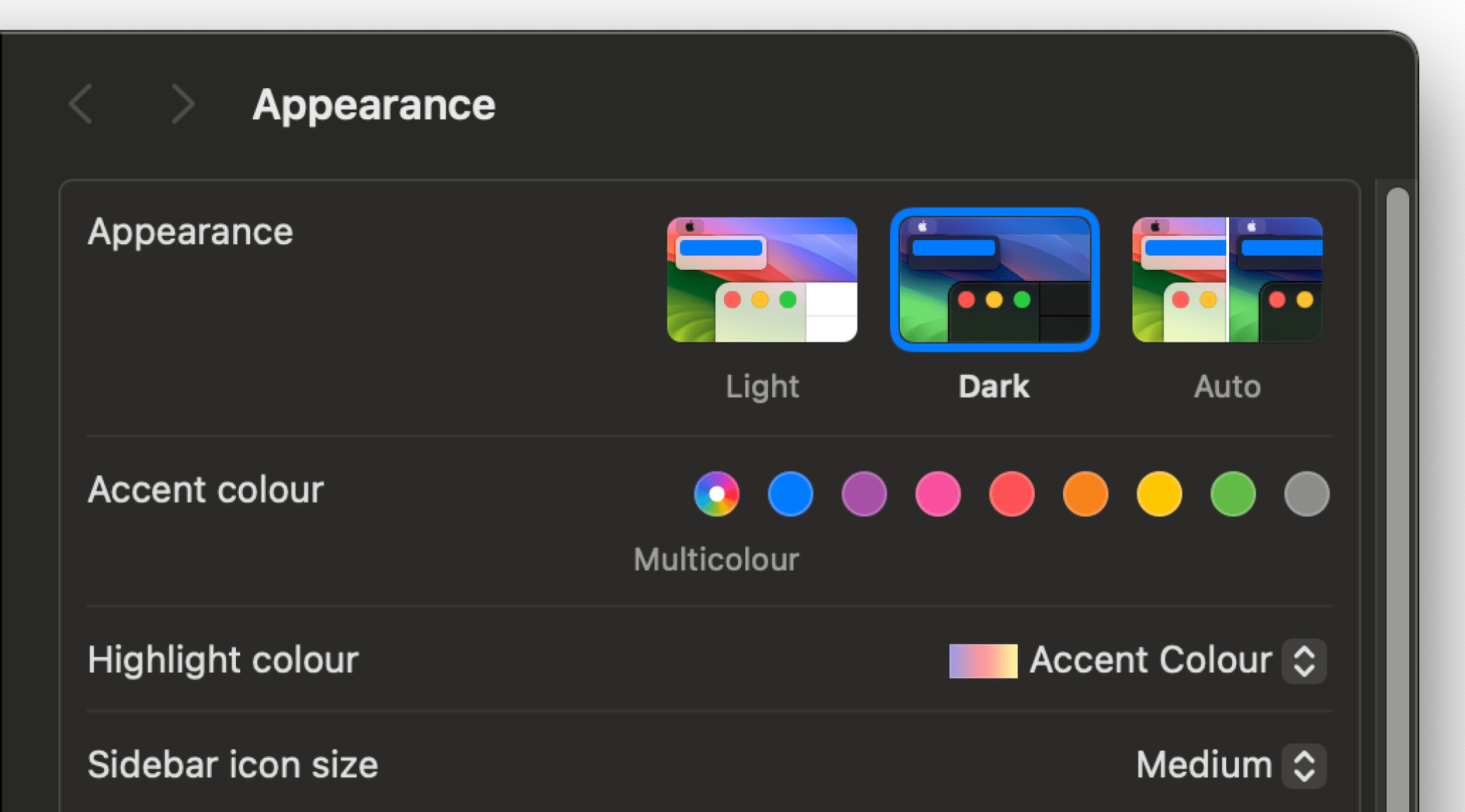 The Appearance settings of MacOS