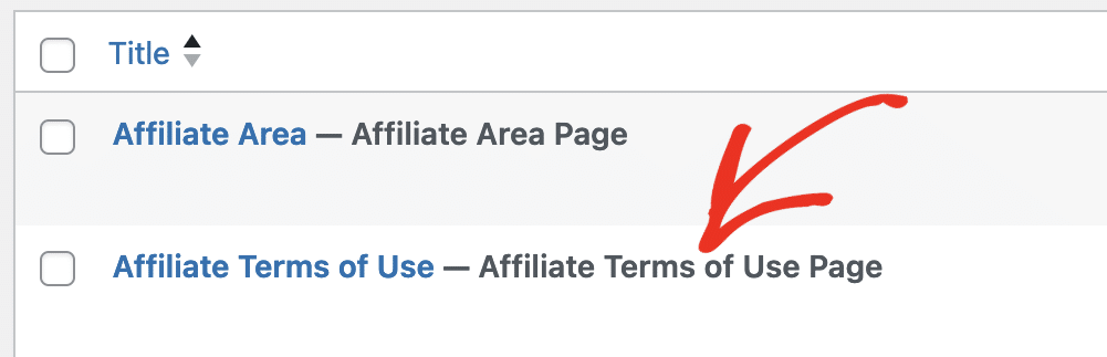 AffiliateWP page settings for Affiliate Terms of Use Page