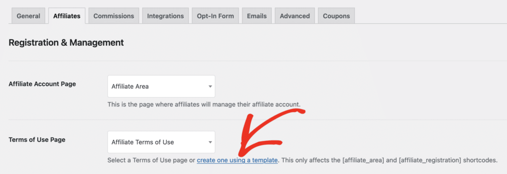 Terms of use link location in Affiliates settings page