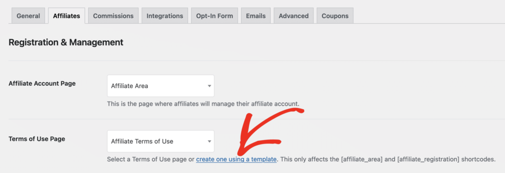 Terms of use link location in Affiliates settings page