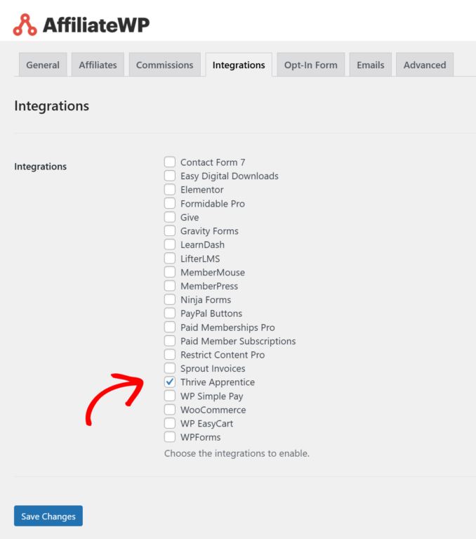 AffiliateWP integration page with Thrive Apprentice checked