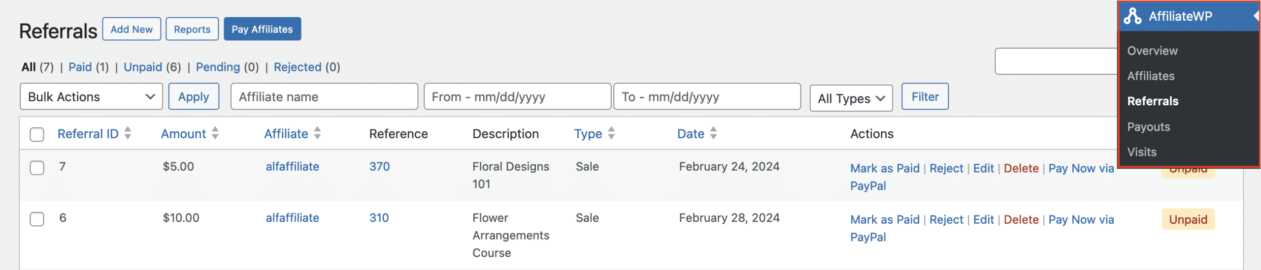 AffiliateWP referrals admin screen showing two referral entries generated from Thrive Apprentice