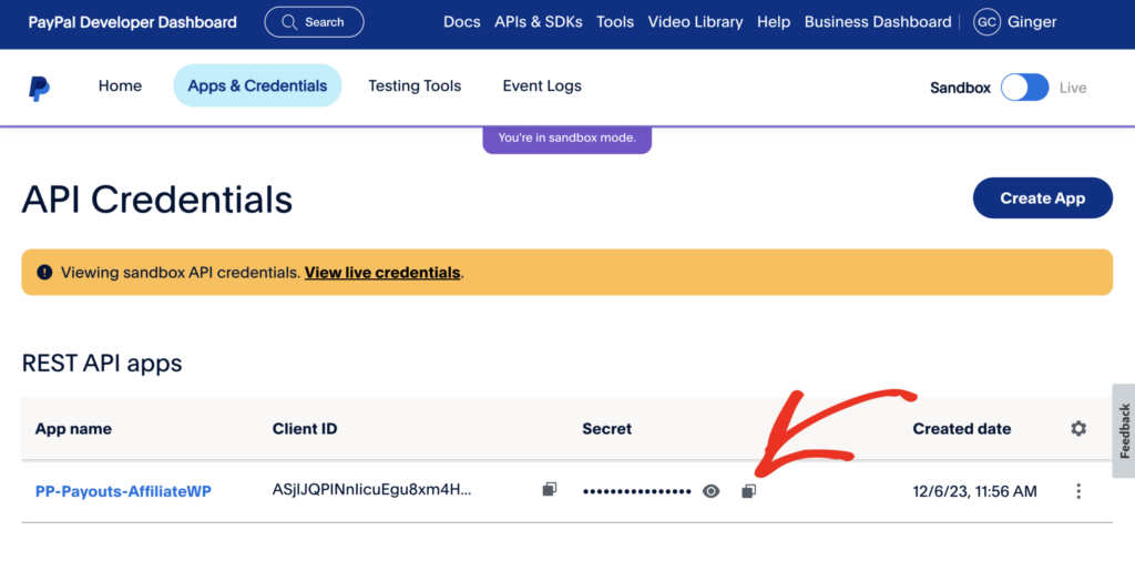 PayPal API Credentials dashboard showing the new app created with Client ID and Secret API codes