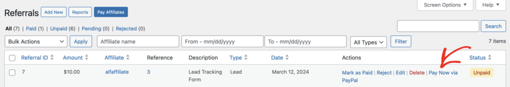 Referral showing the new Pay Now via PayPal link in the Actions column