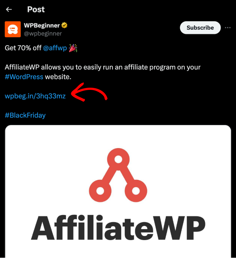 Affiliate link example on X (Twitter)