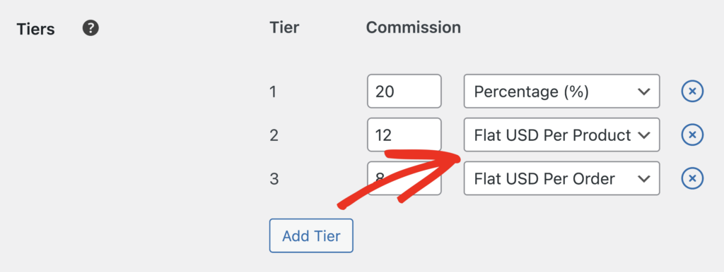 Selecting flat commission rates for tiers
