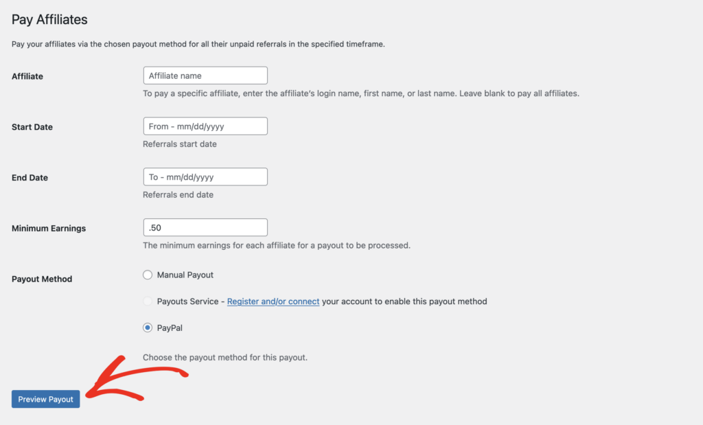 PayPal Payouts pay affiliates filter to preview