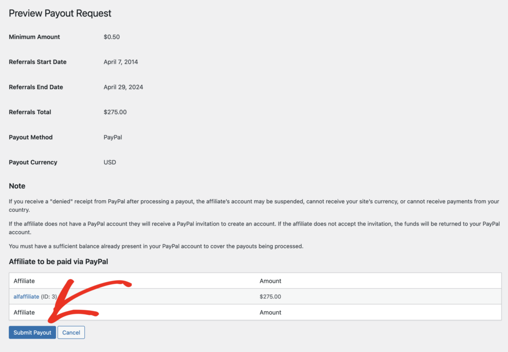 PayPal Payouts preview payout request final screen before clicking Submit Payout button