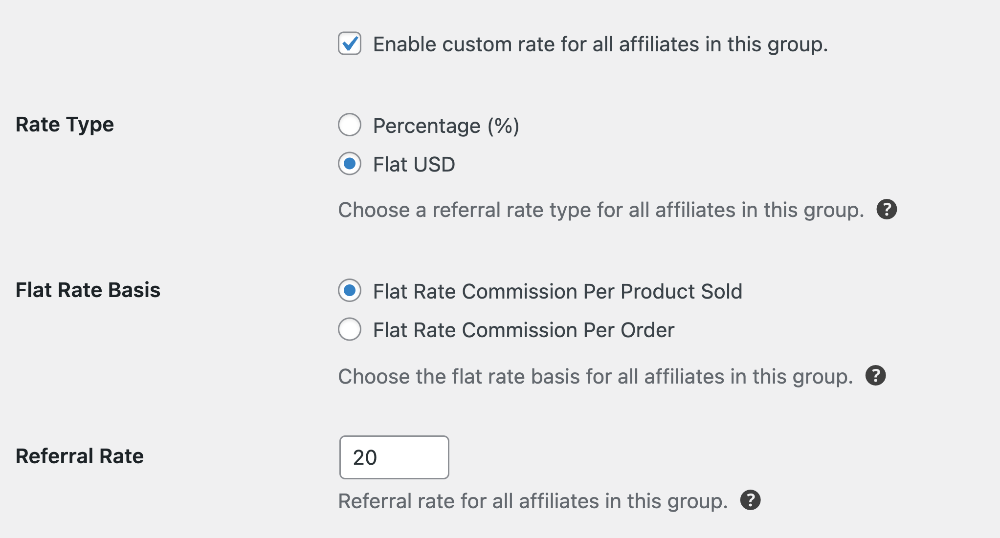 Enable custom rate for all affiliates in this group.