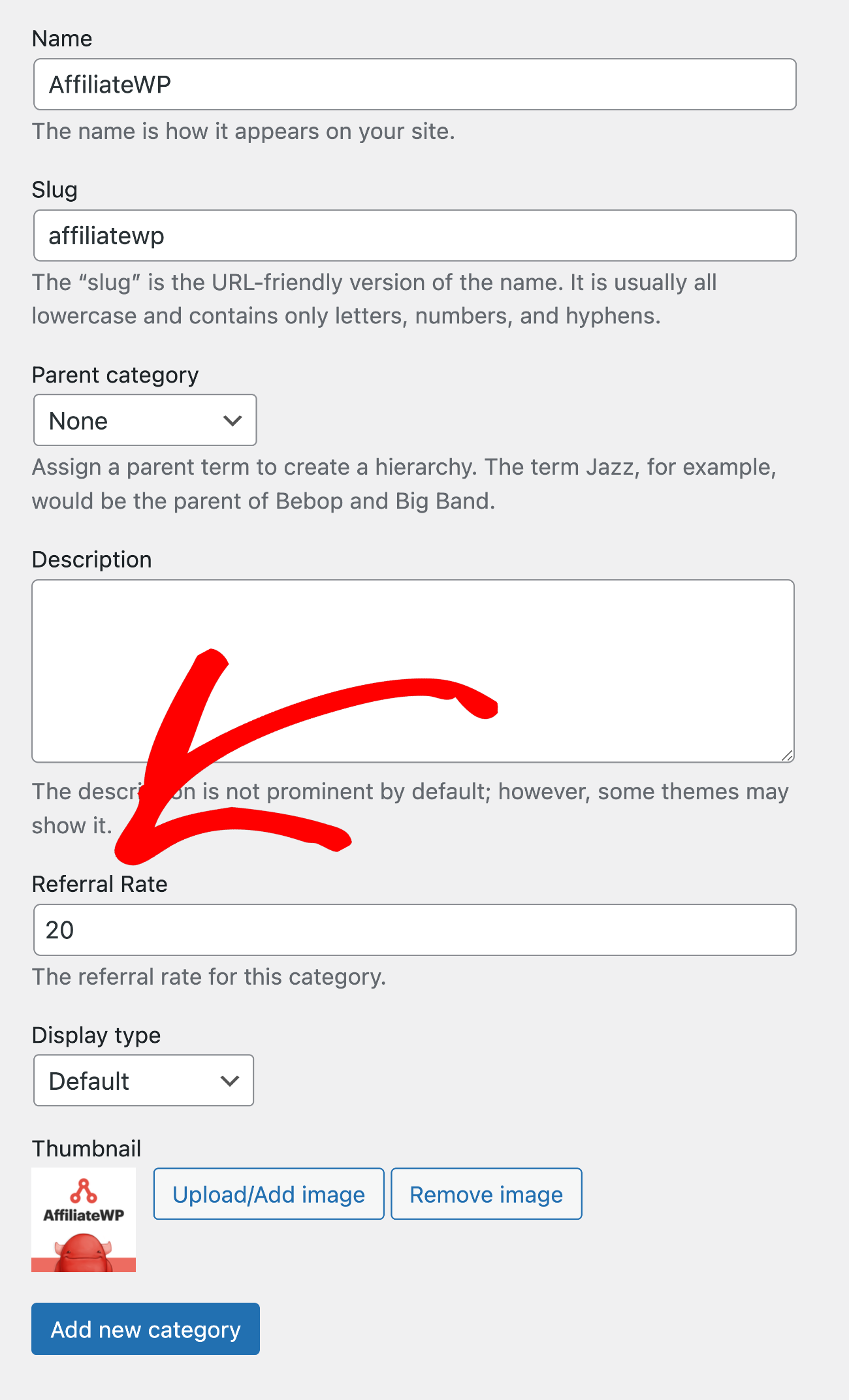 woocommerce product category settings showing where to set the referral rate