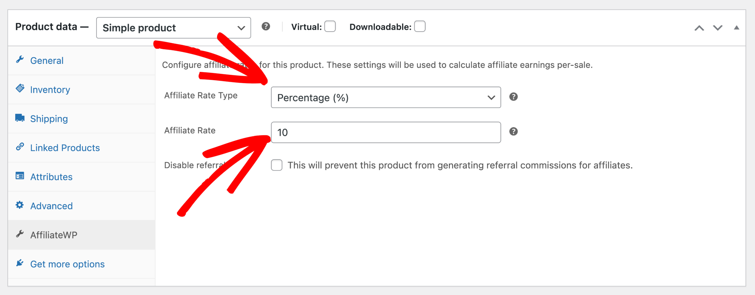 woocommerce product screen showing the AffiliateWP tab for referral rate type and rate amount changes