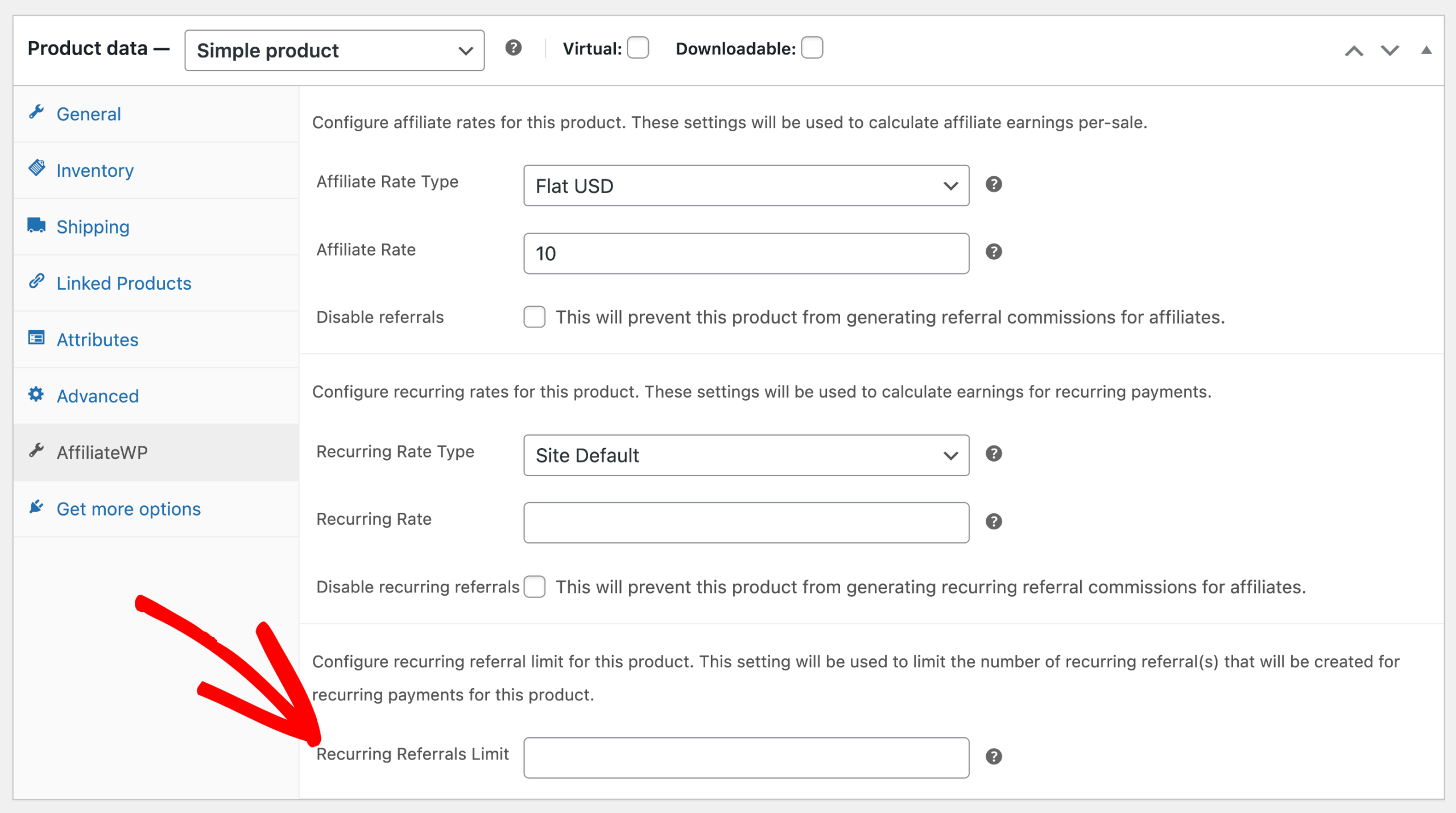 woocommerce product settings on affiliatewp tab showing the recurring referral settings