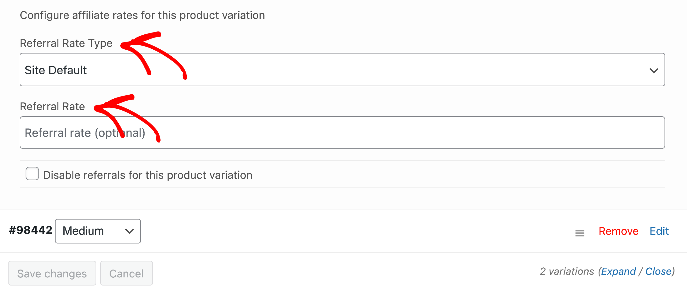 woocommerce product settings showing variation referral rate settings