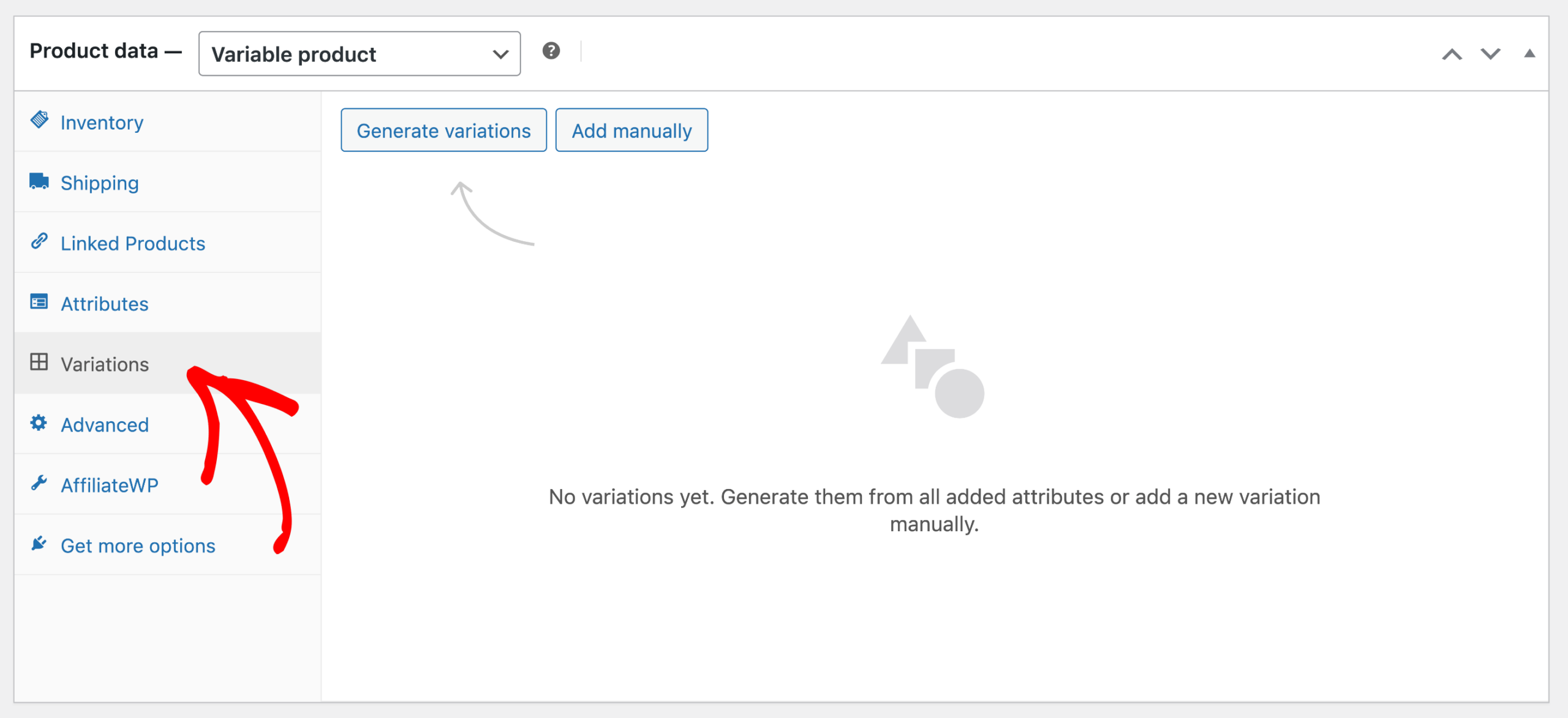 woocommerce product settings showing a variable product with variations noted